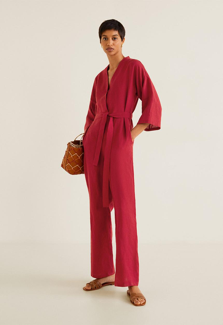 MANGO - Long linen-blend batwing sleeve jumpsuit - red