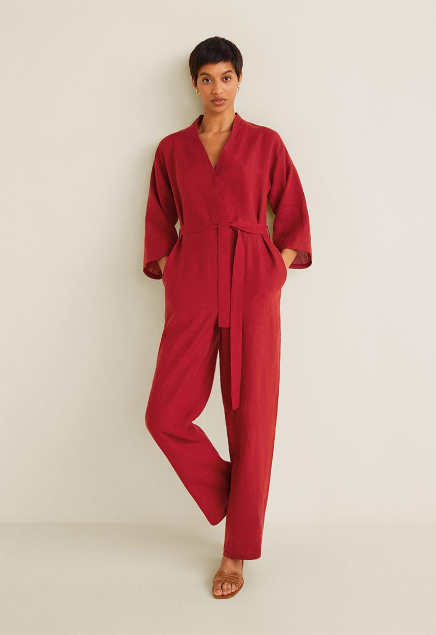 MANGO - Long linen-blend batwing sleeve jumpsuit - red