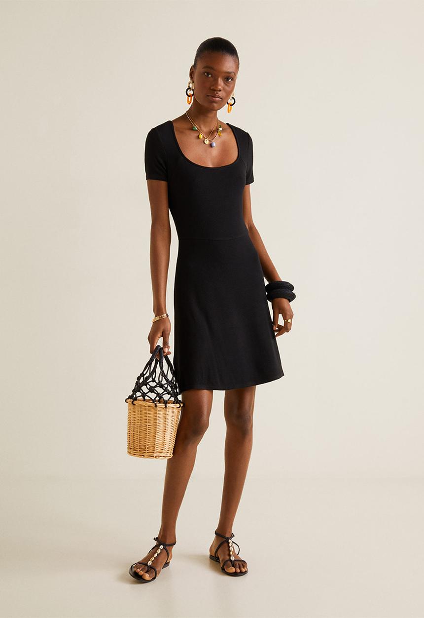 MANGO - Ribbed flared jersey dress - black