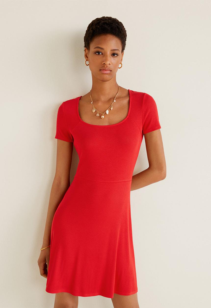 MANGO - Ribbed flared jersey dress - red