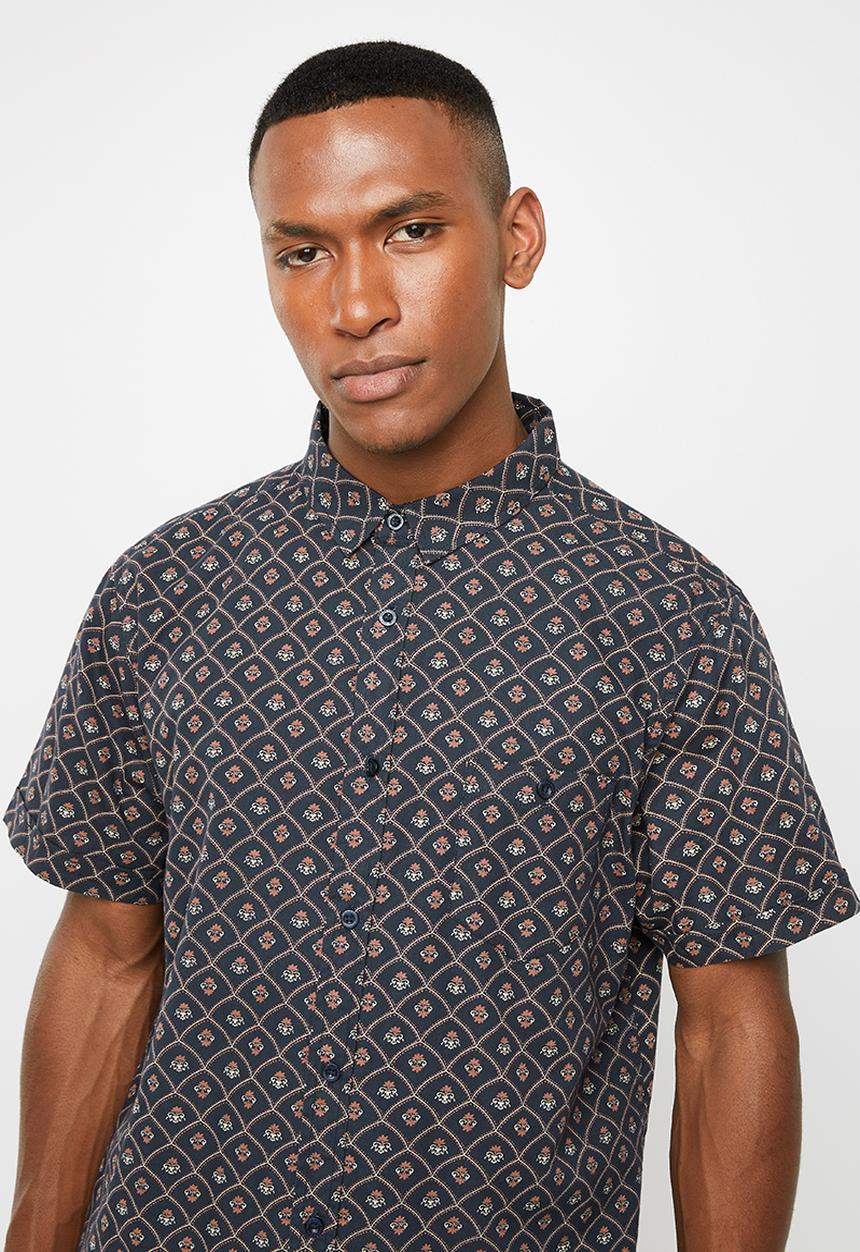 Brave Soul - Howie short sleeve shirt - navy & brown 