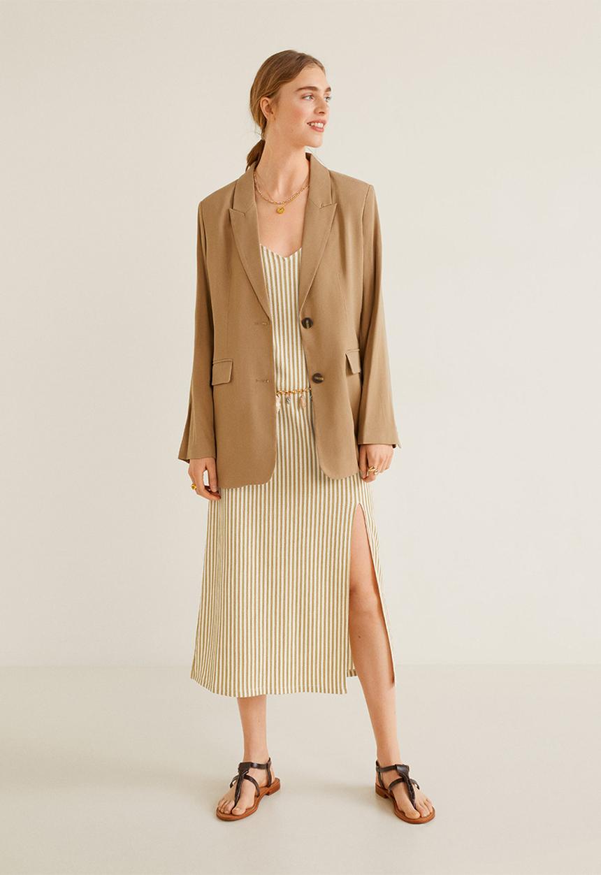 MANGO - Stripe printed textured dress - beige & white 