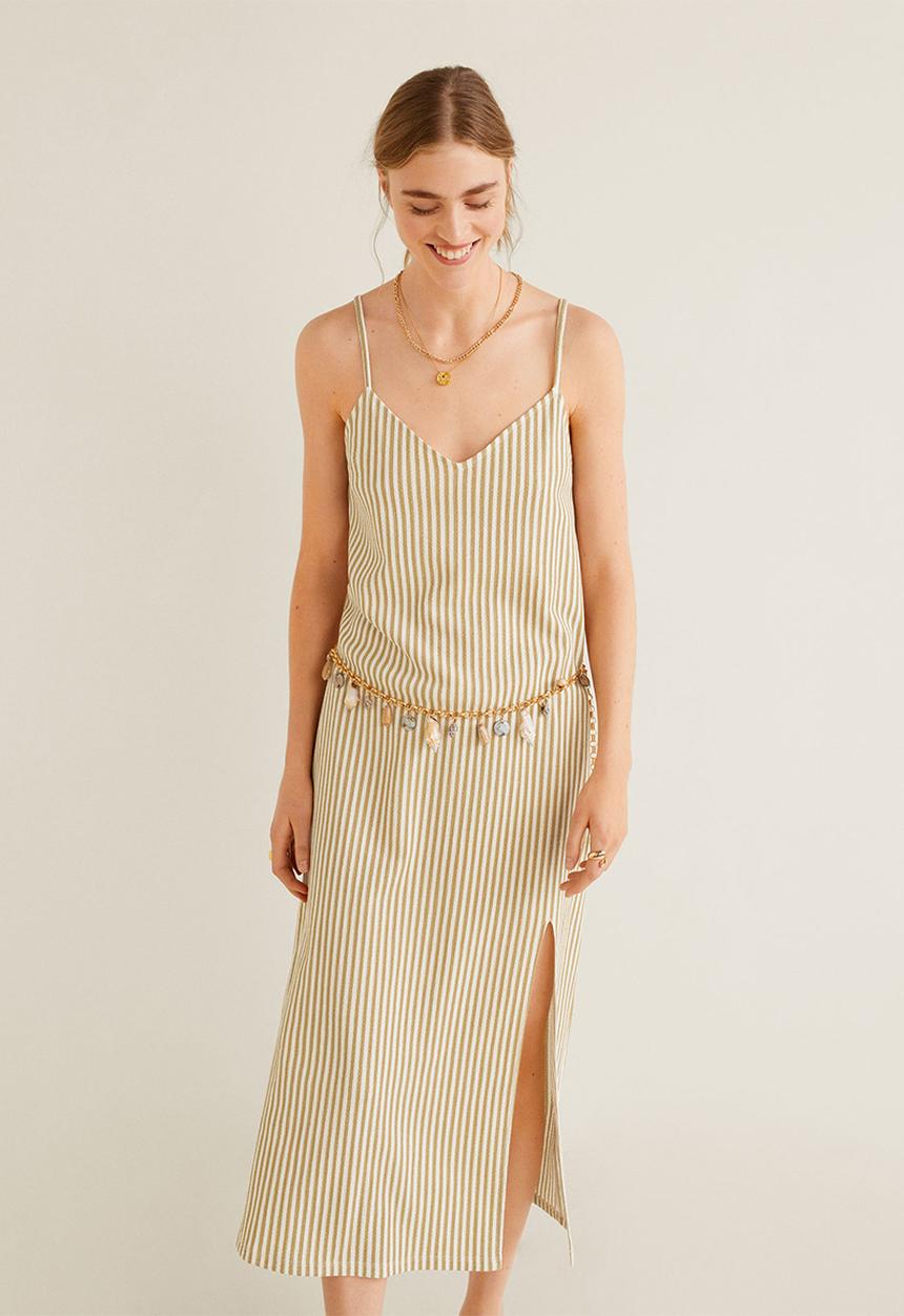 MANGO - Stripe printed textured dress - beige & white 
