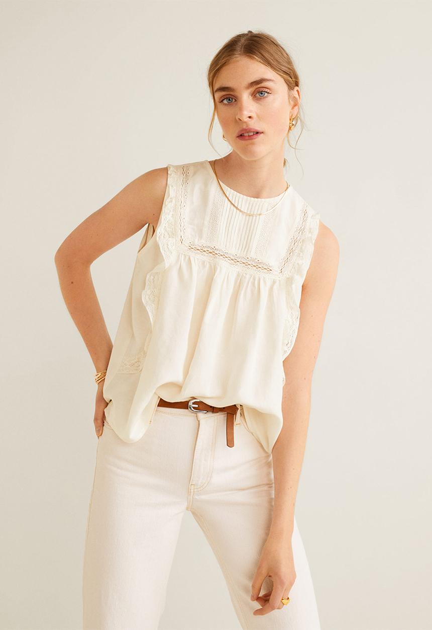 MANGO - Lace detail blouse - off white