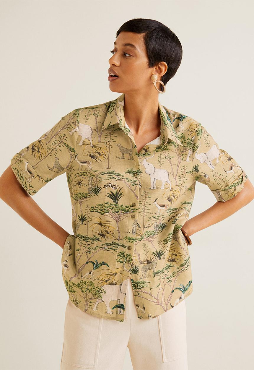 MANGO - Linen shirt with elephant print - beige
