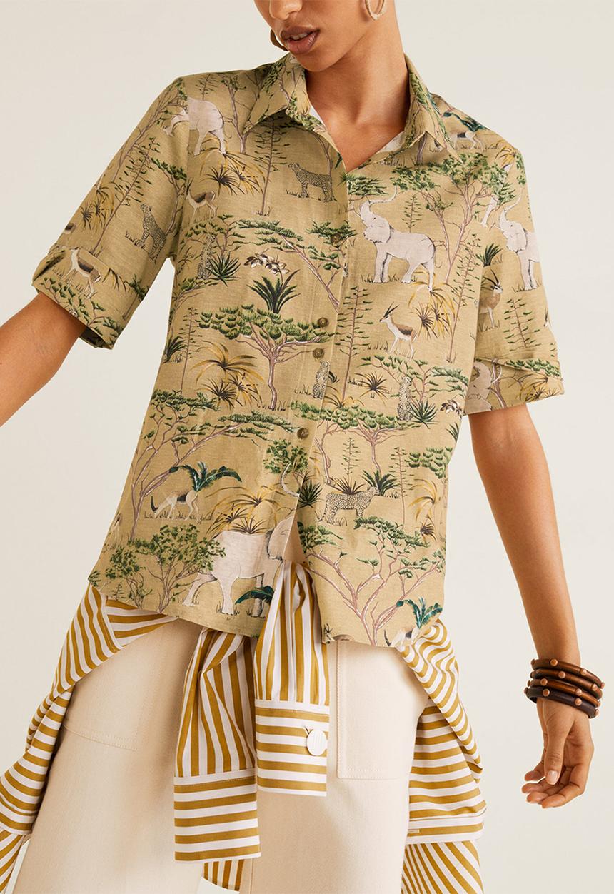 MANGO - Linen shirt with elephant print - beige