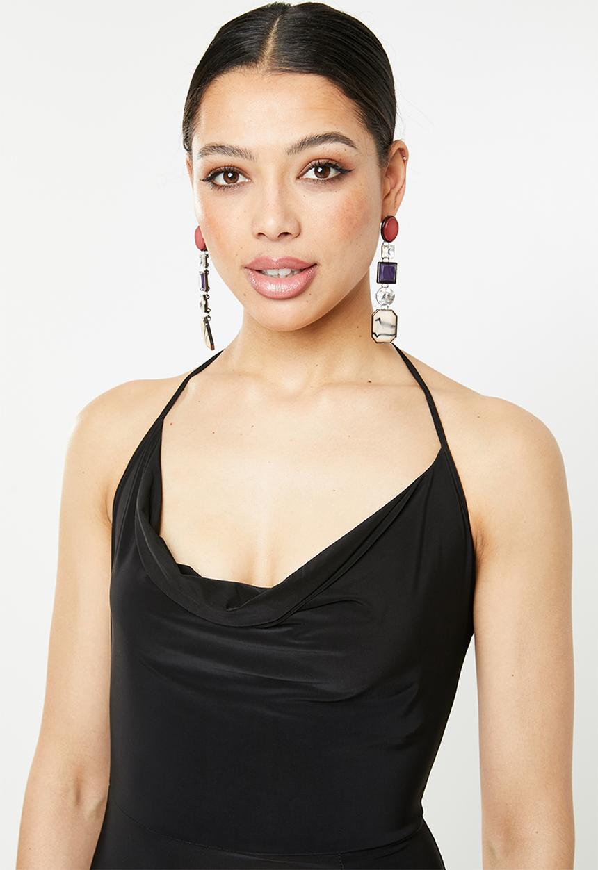 Missguided - Slinky cowl halter maxi dress with split - black