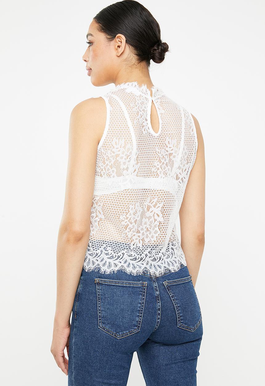 Missguided - Sleeveless high neck lace blouse - white