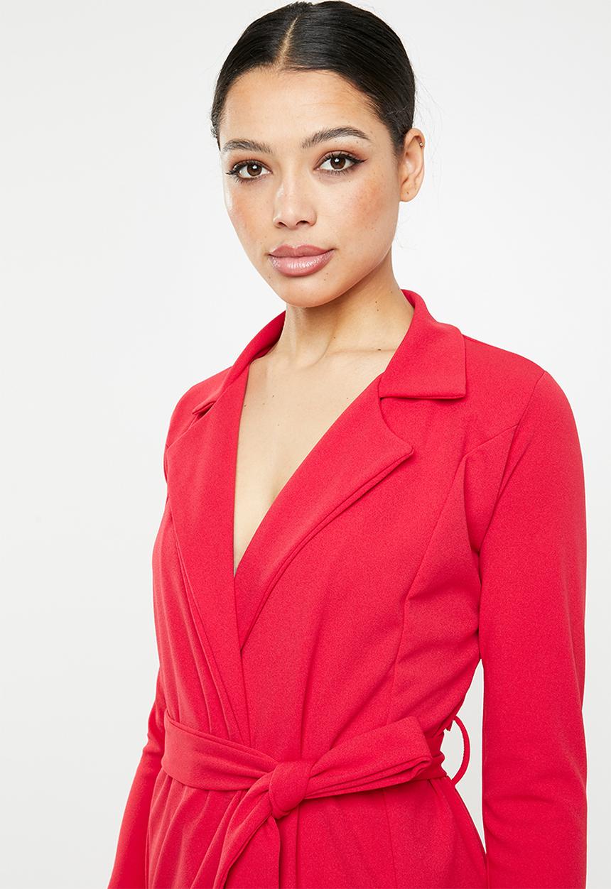 Missguided - Long sleeve belted blazer dress - red