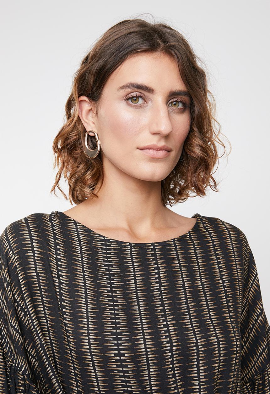 edit - Lantern sleeve geo print blouse - brown & black