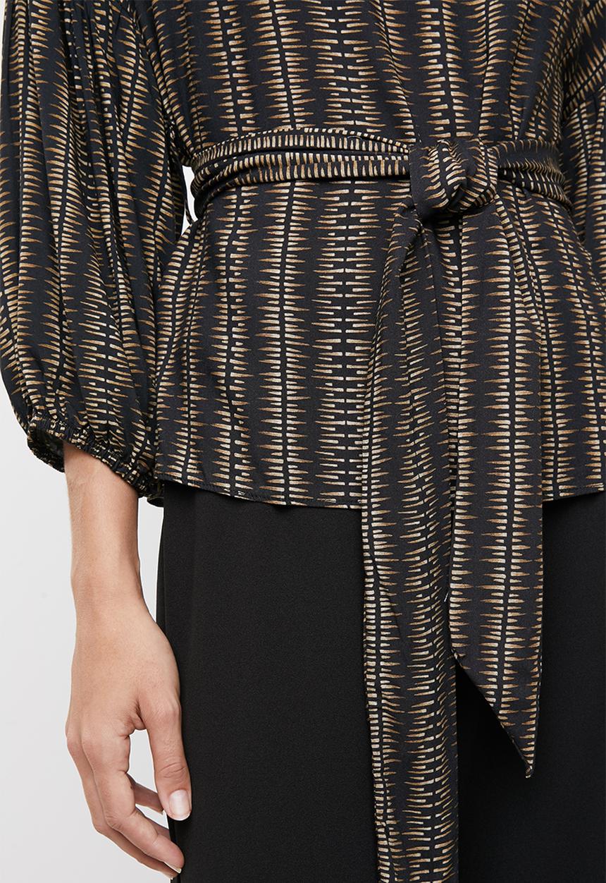 edit - Lantern sleeve geo print blouse - brown & black