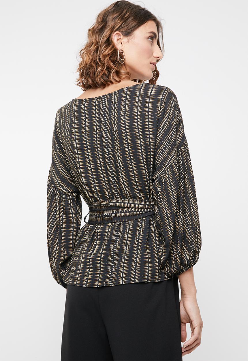 edit - Lantern sleeve geo print blouse - brown & black