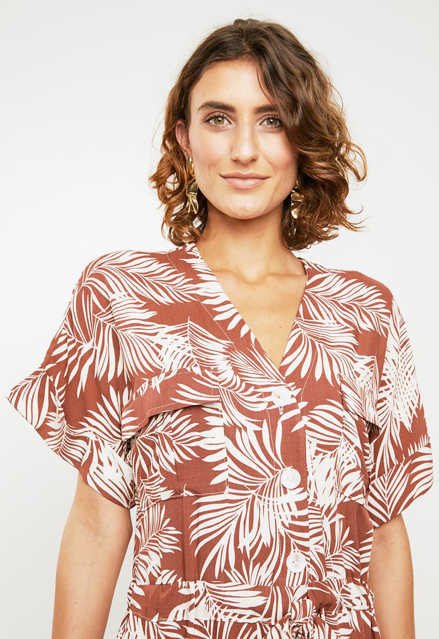 Me&B - Palm print dress - brown & white