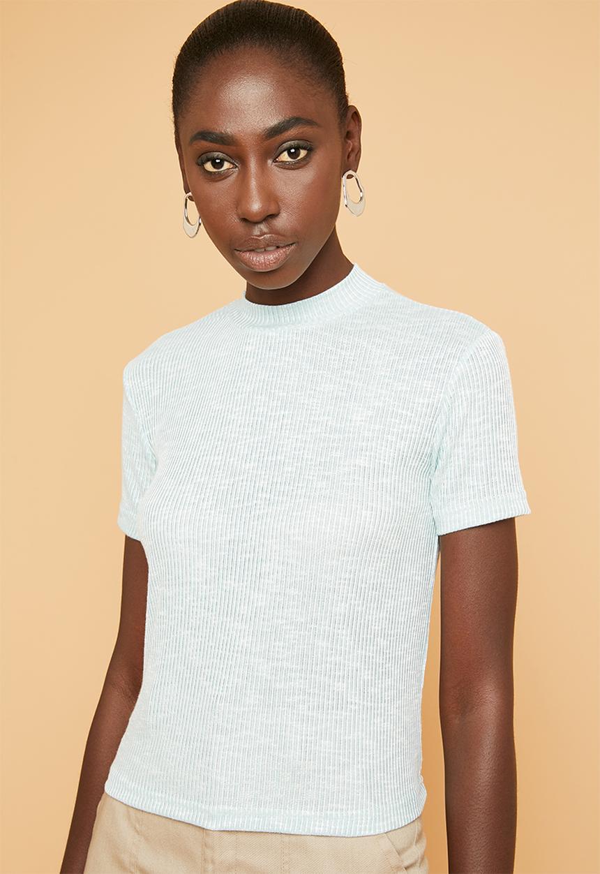 Superbalist - Soft melange rib high neck fitted tee - Light mint