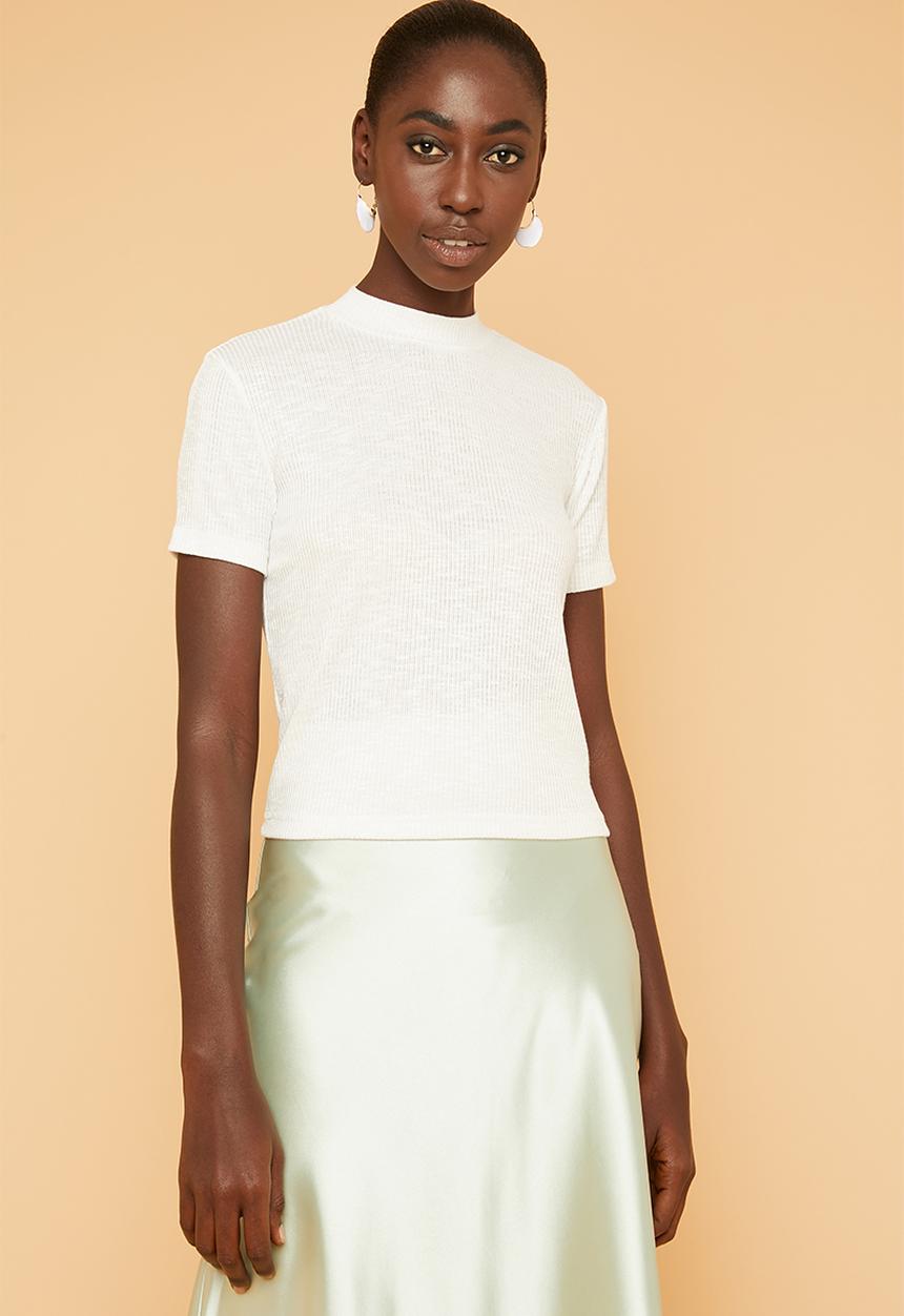 Superbalist - Soft melange rib high neck fitted tee - white