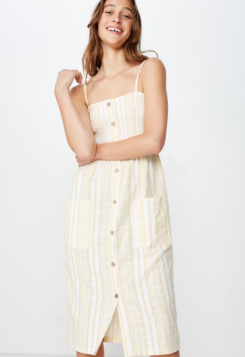Cotton On - Woven Eliza shirred midi dress  - yellow & white 
