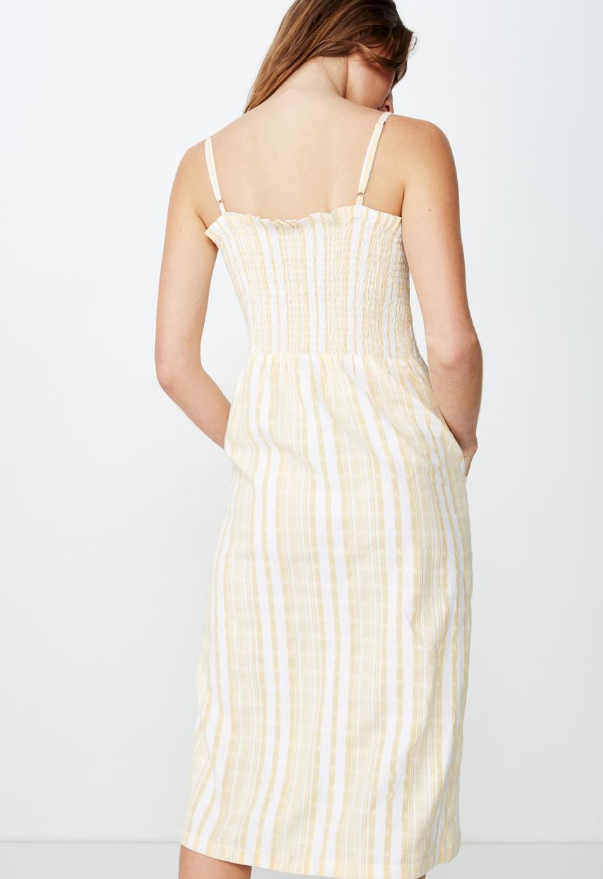 Cotton On - Woven Eliza shirred midi dress  - yellow & white 