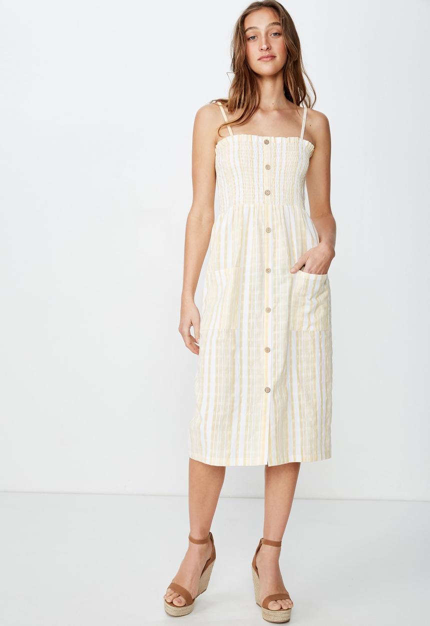 Cotton On - Woven Eliza shirred midi dress  - yellow & white 