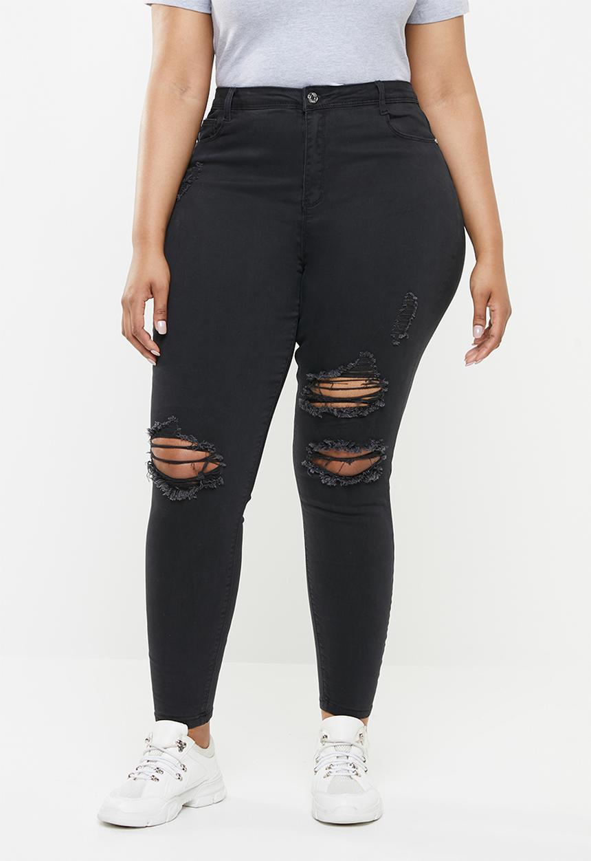 Missguided - Curve highwaisted ripped skinny - black