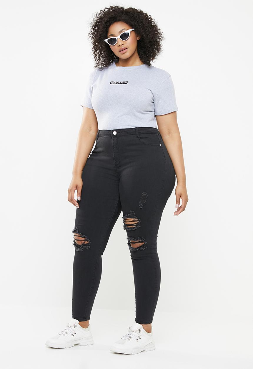 Missguided - Curve highwaisted ripped skinny - black