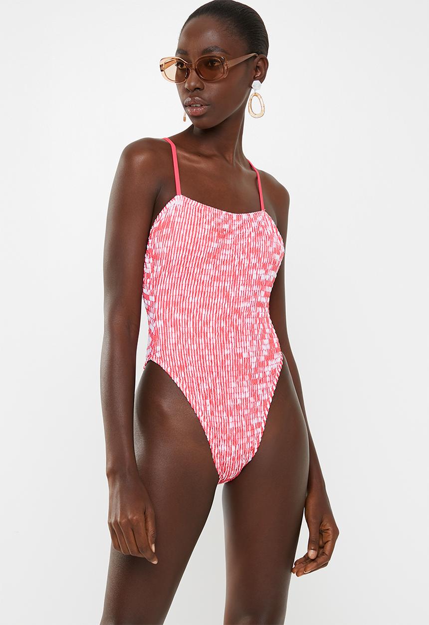 Missguided - Stripe crinkle square neck swimsuit - pink & white 