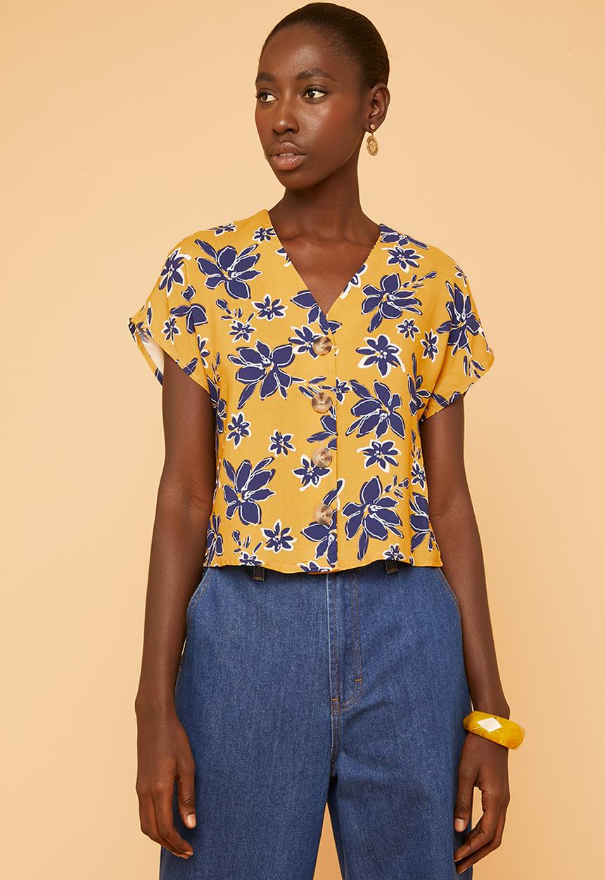 Superbalist - Grown on sleeve button thru blouse - yellow & blue