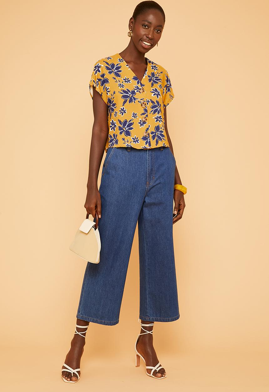 Superbalist - Grown on sleeve button thru blouse - yellow & blue
