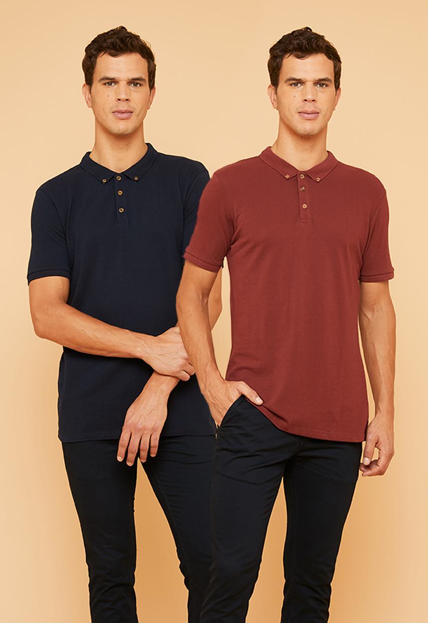 Superbalist - Pique slim fit 2 pack golfers - navy & burgundy
