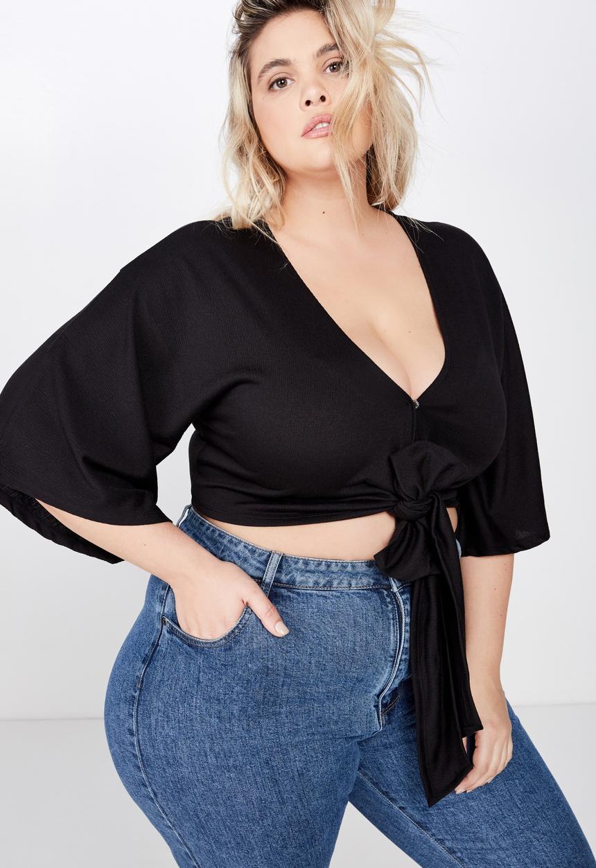 Cotton On - Curve jude kimono tie up front top - black