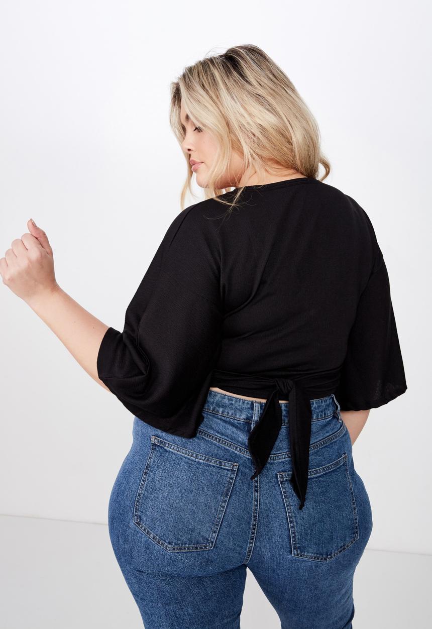 Cotton On - Curve jude kimono tie up front top - black