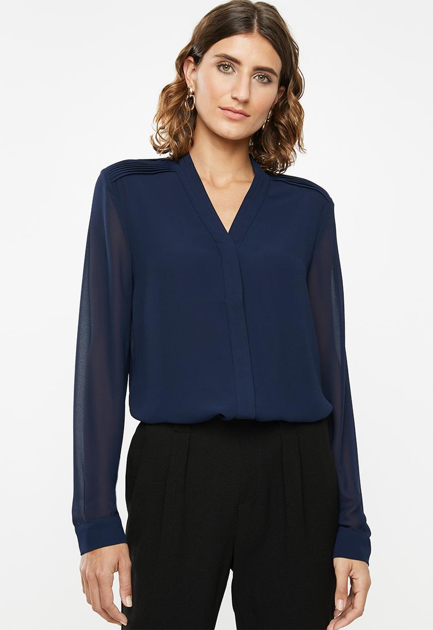 POLO - Lilly long sleeve pin tuck blouse - navy