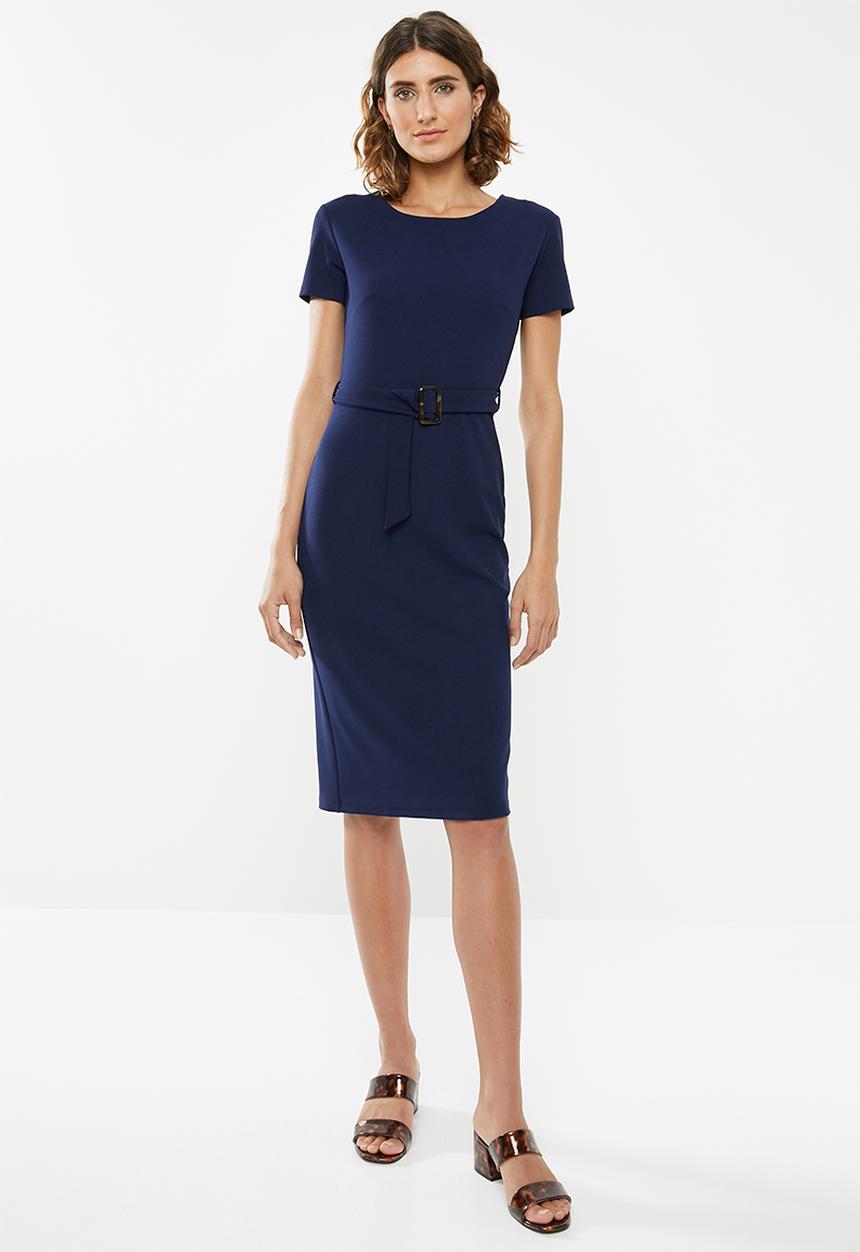 edit - Fitted dress with tie belt - navy