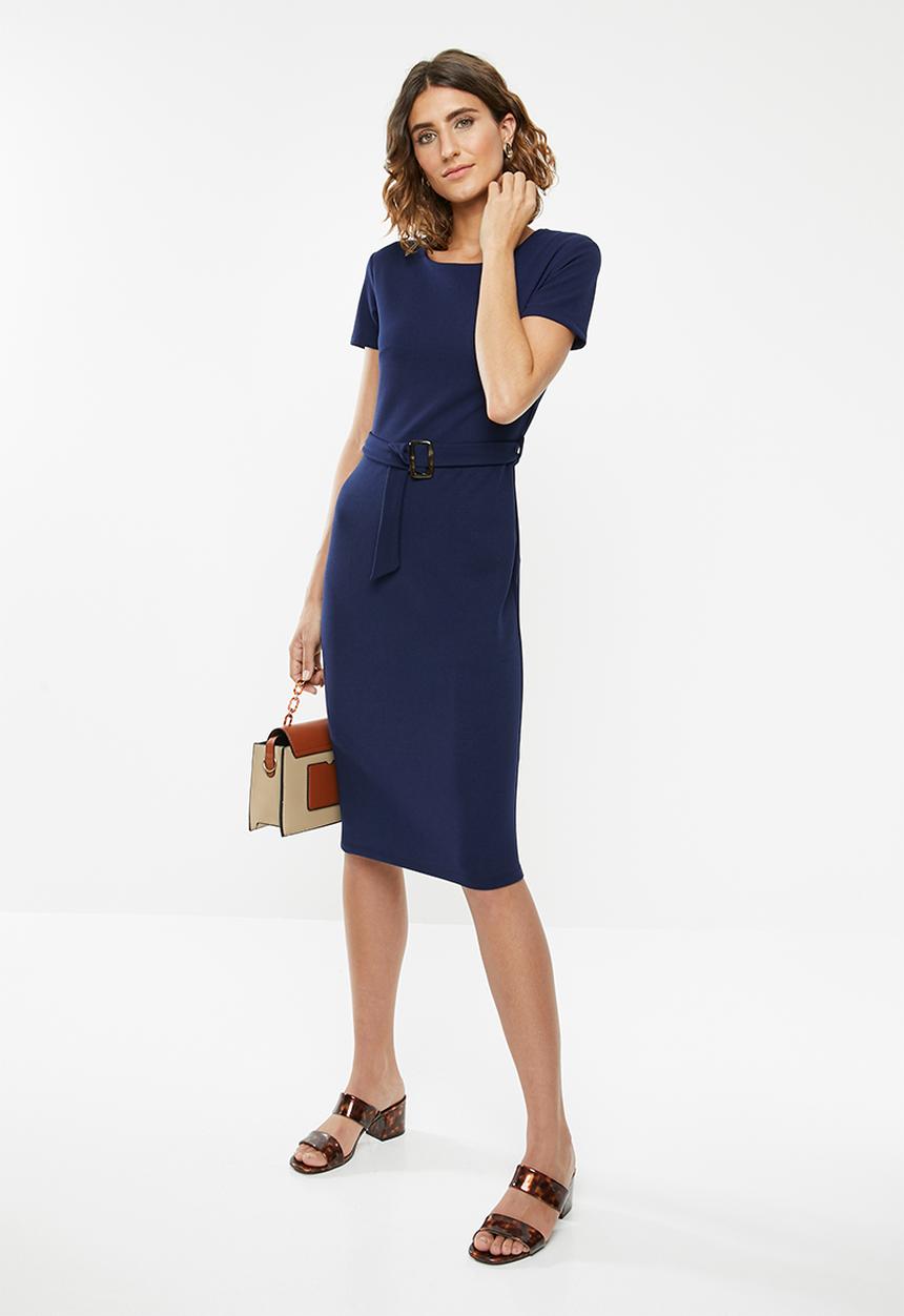 edit - Fitted dress with tie belt - navy