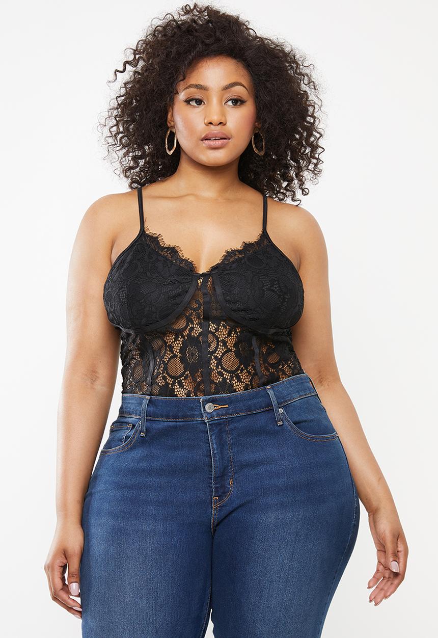 Missguided - Curve lace pipe detail bodysuit - black