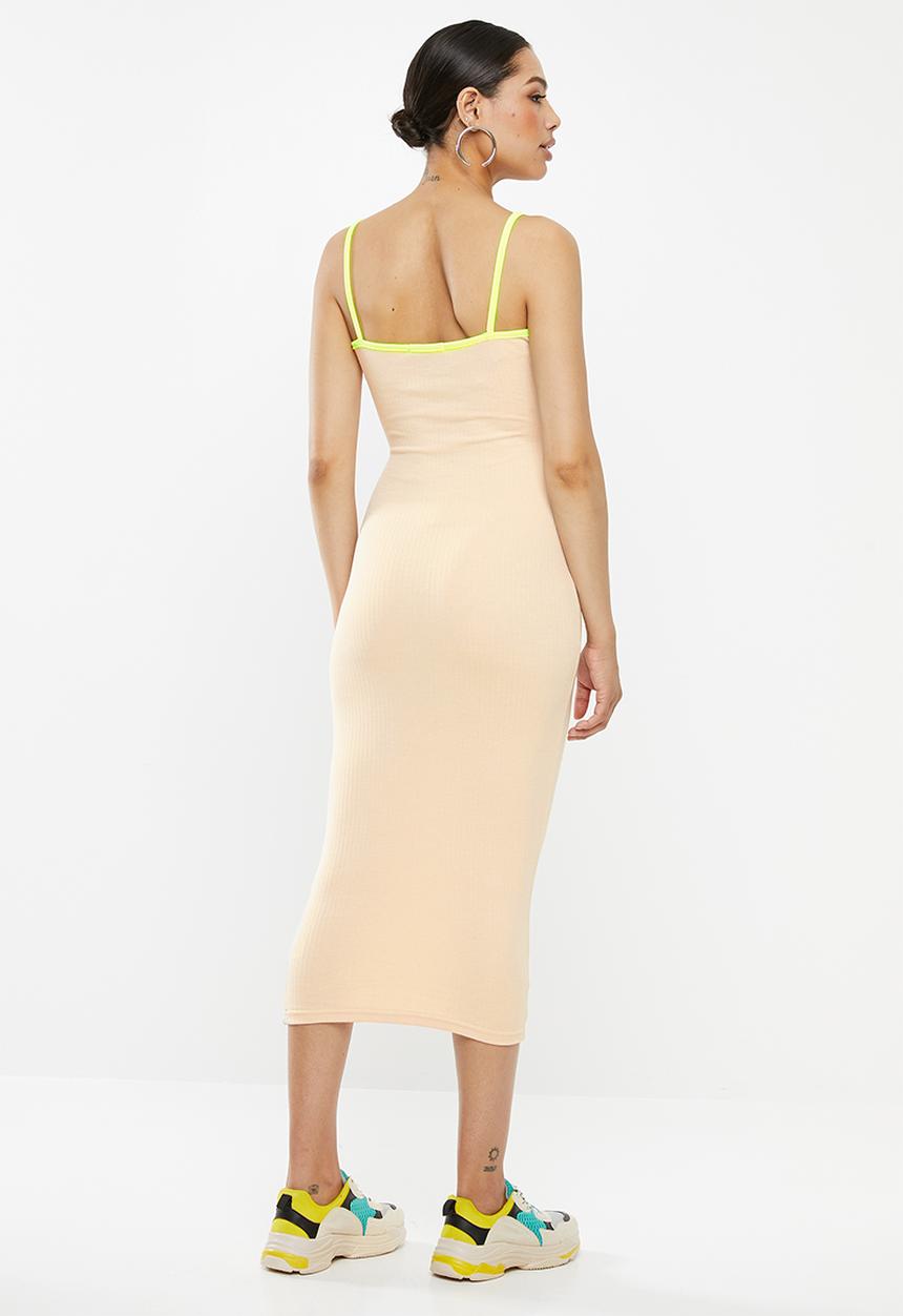 Missguided - Ribbed contrast piping midi dress - beige & green