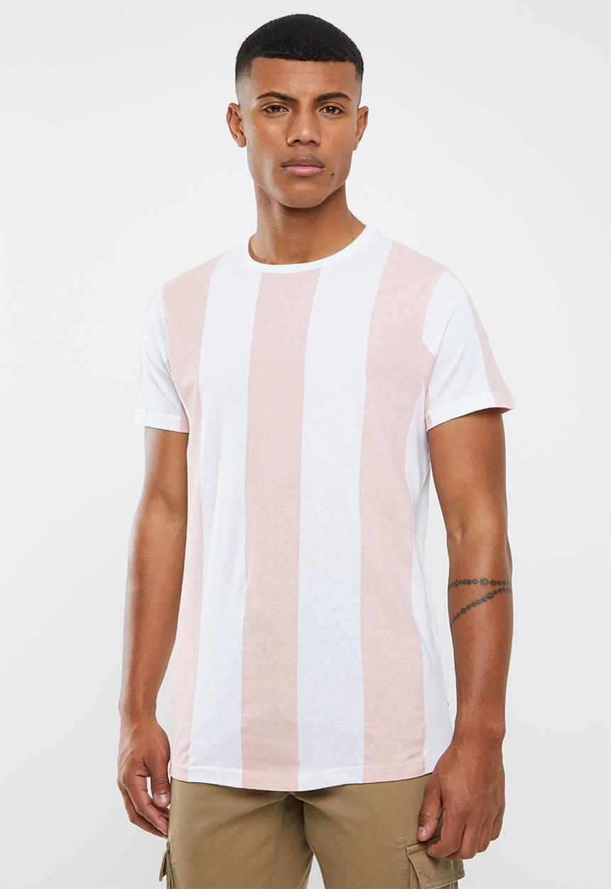 Brave Soul - Bertoni short sleeve wide stripe tee - peach & white 