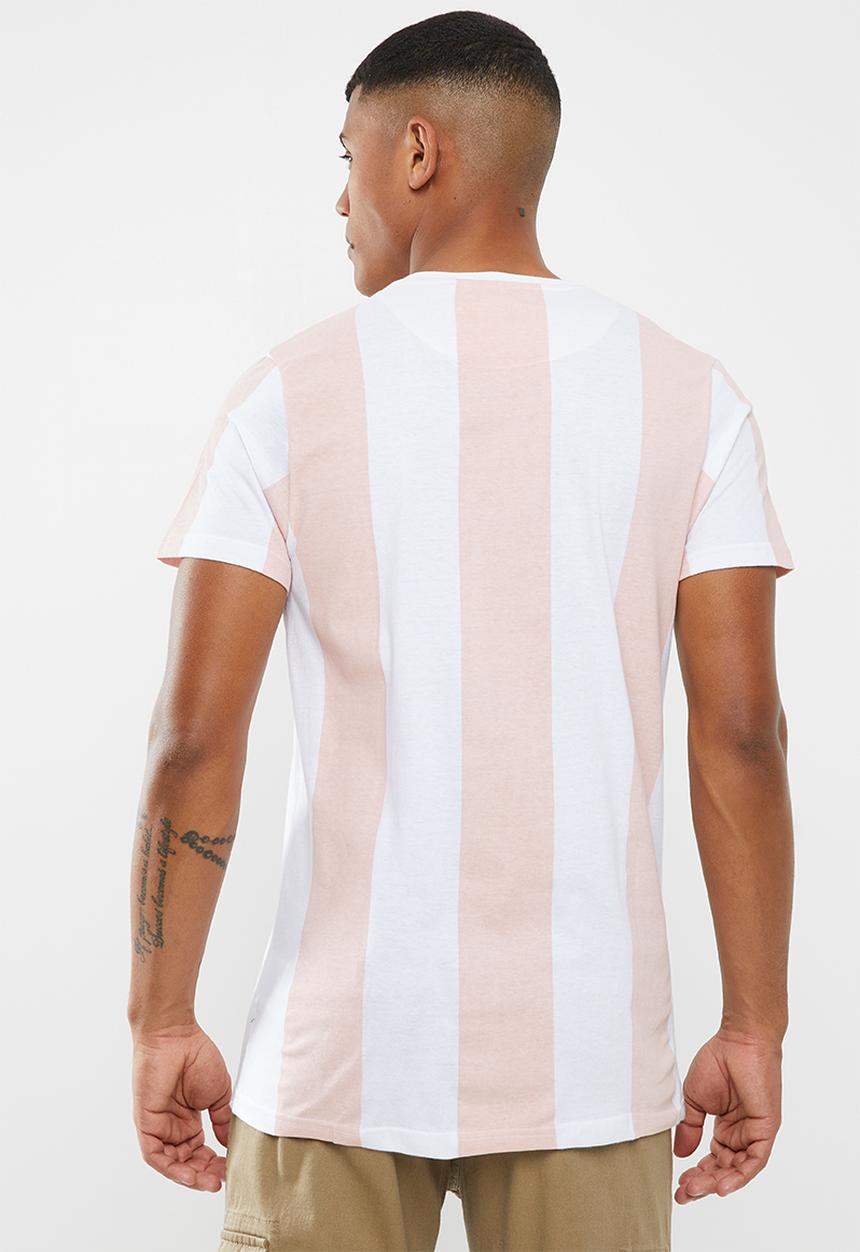 Brave Soul - Bertoni short sleeve wide stripe tee - peach & white 