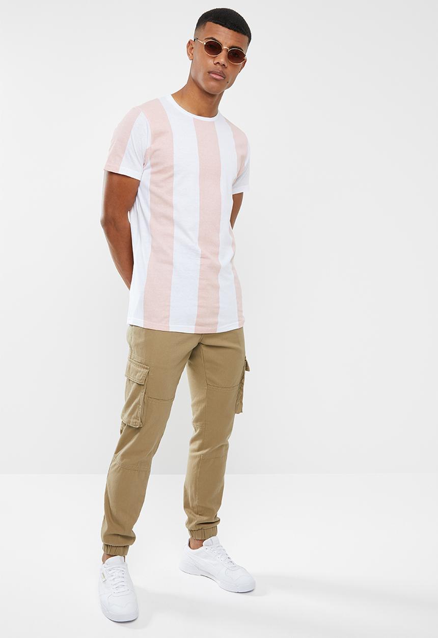 Brave Soul - Bertoni short sleeve wide stripe tee - peach & white 