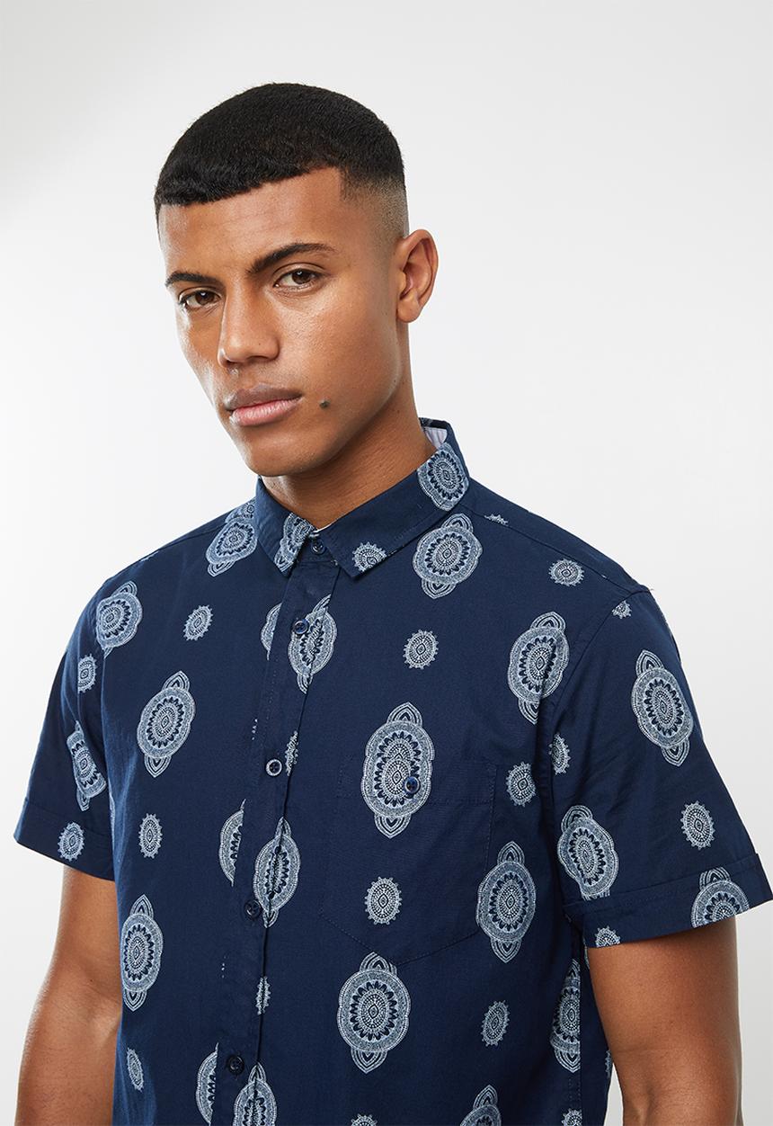 Brave Soul - Geometry short sleeve shirt - navy & white