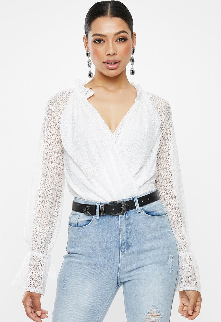 Missguided - Crochet lace plunge wrap bodysuit - white