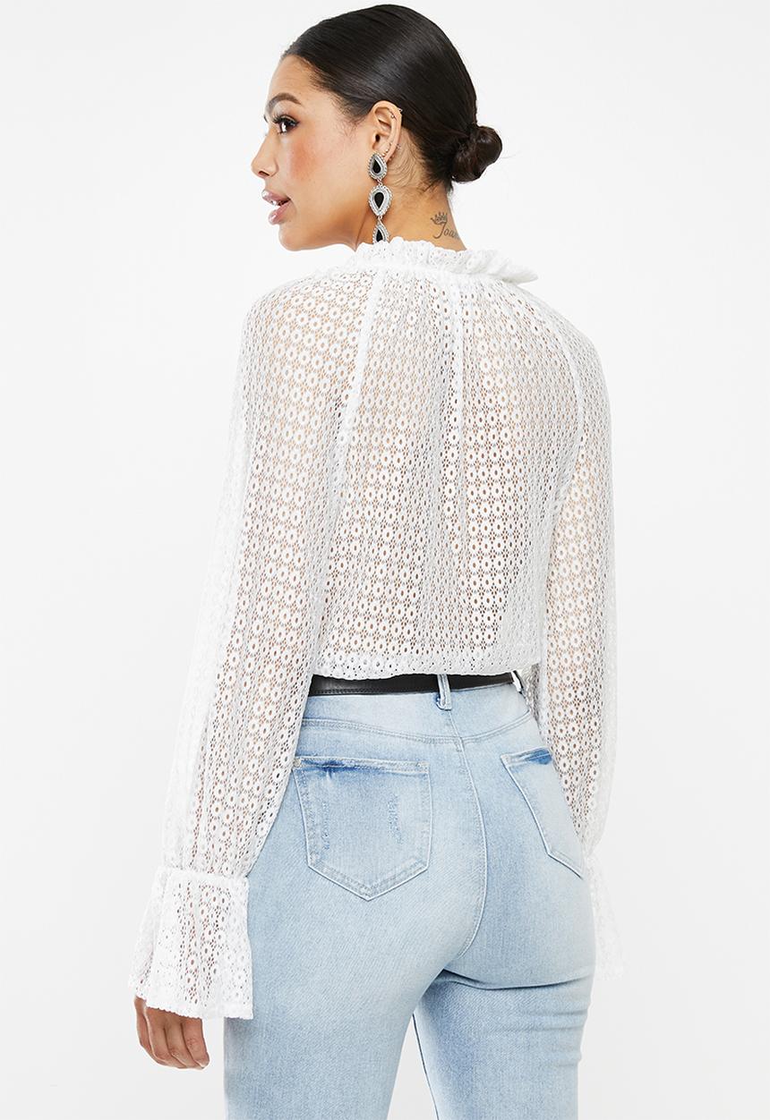Missguided - Crochet lace plunge wrap bodysuit - white