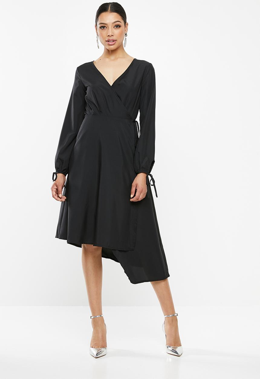 Missguided - Balloon sleeve wrap midi dress - black