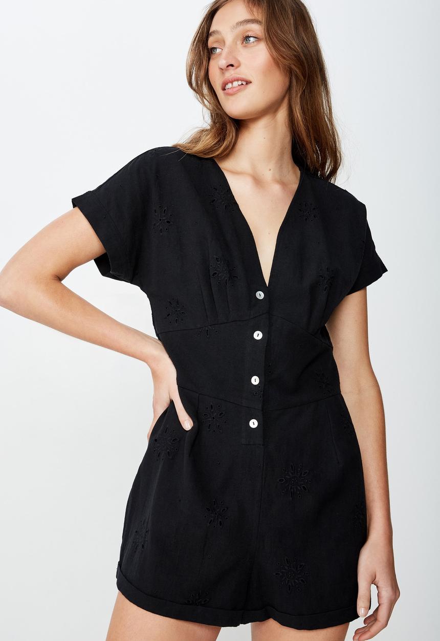 Cotton On - Woven dusk broiderie playsuit  - black