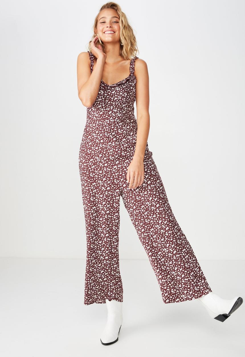 Cotton On - Woven tash strappy jumpsuit  - burgundy & white  
