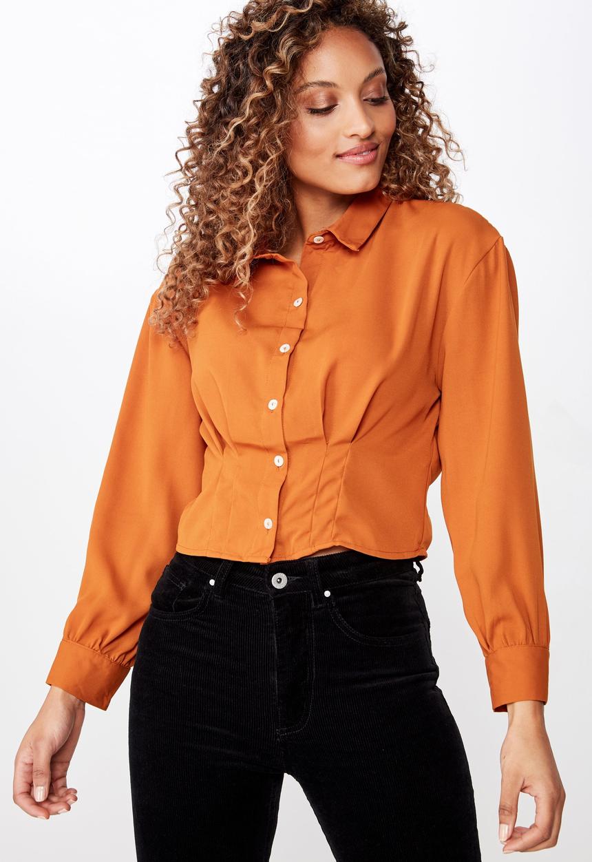 Cotton On - Ashley cropped pintuck shirt - tan