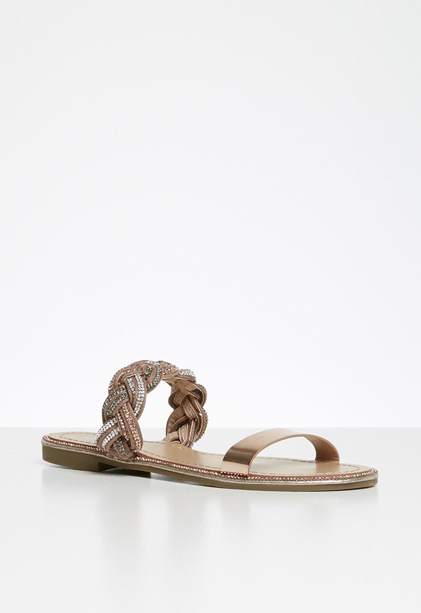 Miss Black - Metallic embellished plaited sandal - rose gold