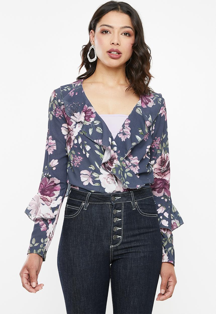 Missguided - Wrap front frill bodysuit - navy