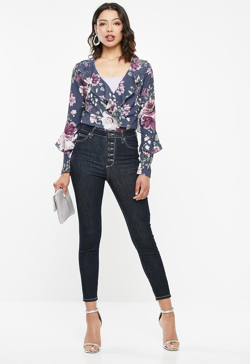 Missguided - Wrap front frill bodysuit - navy