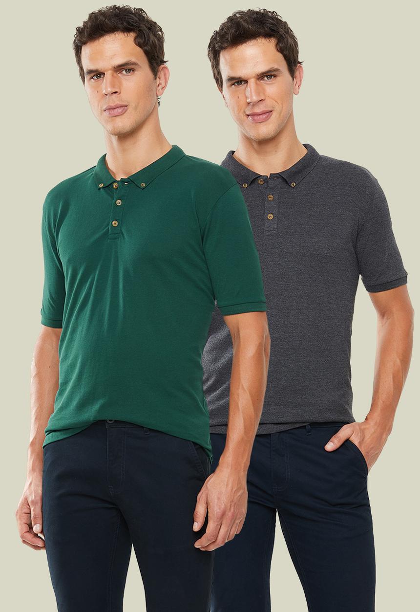Superbalist - Pique slim fit 2 pack golfer tee - grey & green