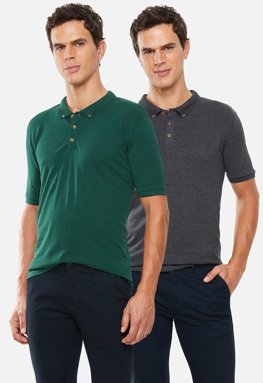 Superbalist - Pique slim fit 2 pack golfer tee - grey & green